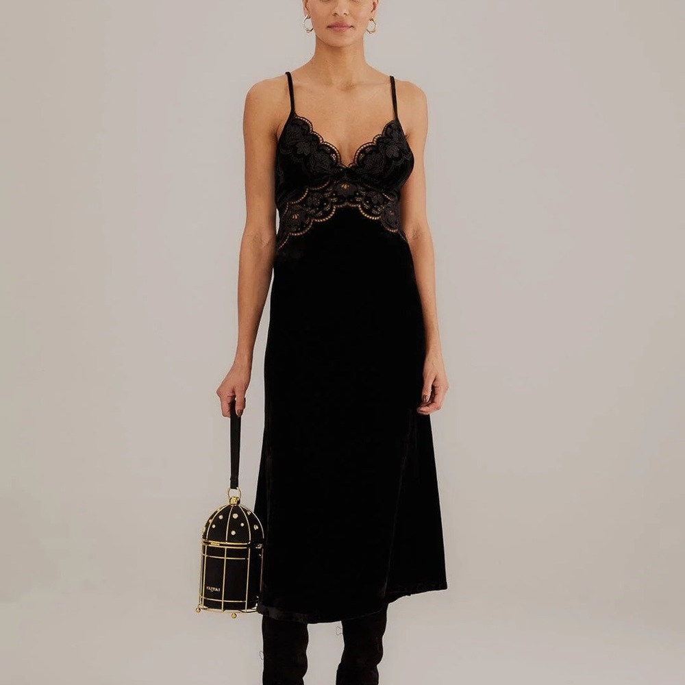 Farm Rio Black Richelieu Velvet Slip dress